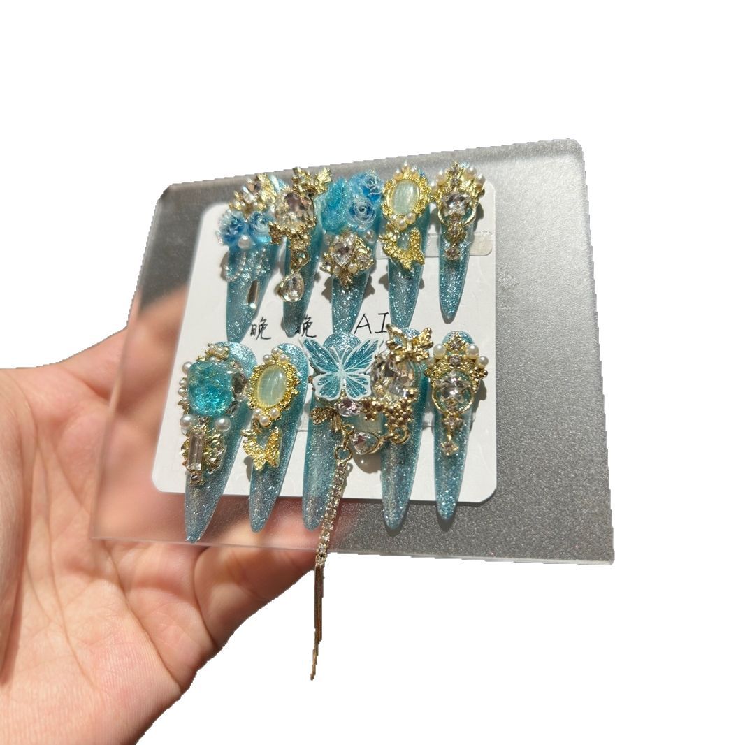 Handmade Turquoise Glitter Long Stiletto Press On Nails with 3D Blue Roses, Lace Butterfly, Gold Frame Charms & Dangling Chains