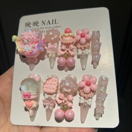 Handmade Pink Mermaid Cartoon Doll Long Stiletto Press On Nails with Cupcake, Cherry & Flower Charms