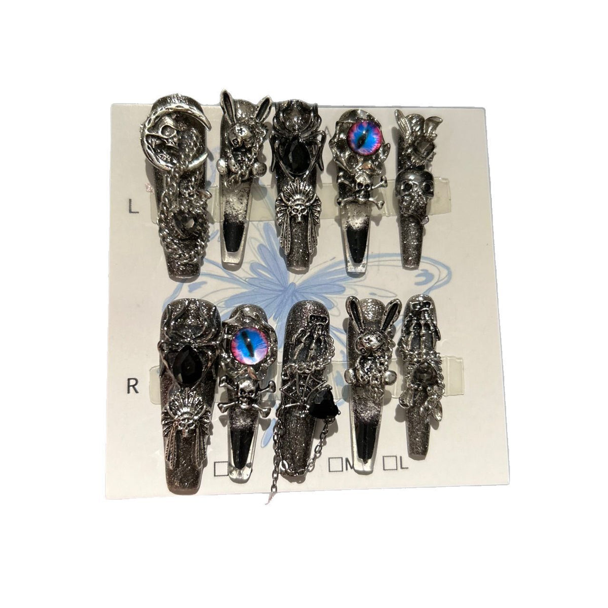 Handmade Black Smoky Glitter Long Coffin Press On Nails with Demon Eye, Skull, Spider & Gothic Rabbit Metal Charms