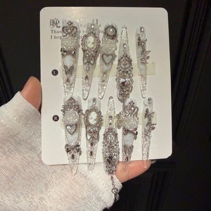 Handmade Clear White Long Stiletto Press On Nails with Vintage Cameo Frames, 3D White Roses, Rhinestone Crowns, Pearls & Dangling Silver Chains