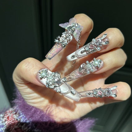 Handmade Baby Pink Gradient Long Coffin Press On Nails with Silver Filigree, Pink Crystals & Sheer Butterfly Charms