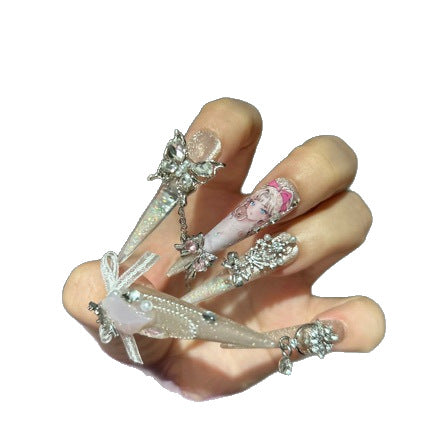 Handmade Champagne Glitter Long Stiletto Press On Nails, Anime Girl Print False Nails with Pink Heart Gems, Bow & Dangling Chains
