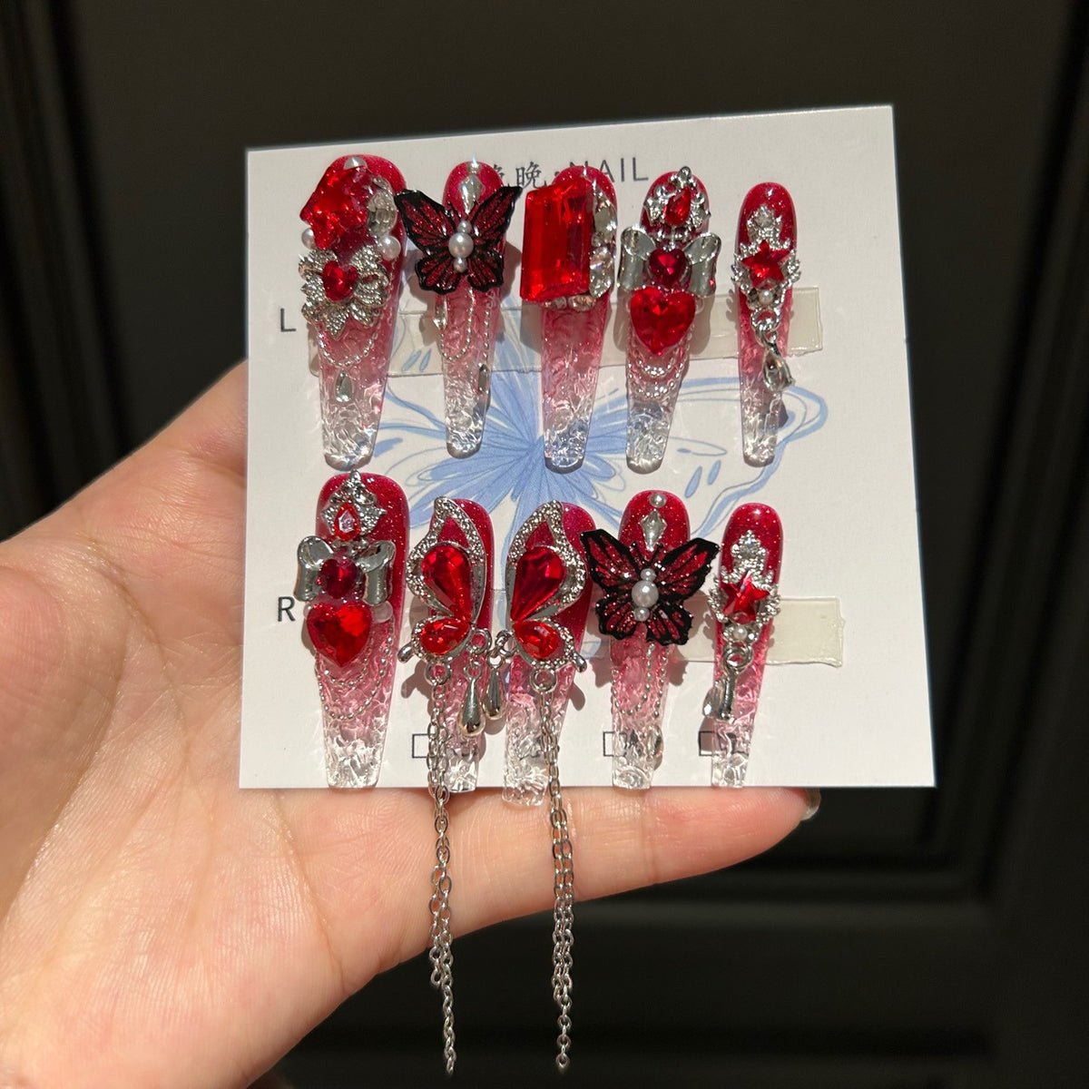 Handmade Red Glitter Ombre Clear Long Coffin Press On Nails with Red Heart Crystals & Black Butterfly Charms