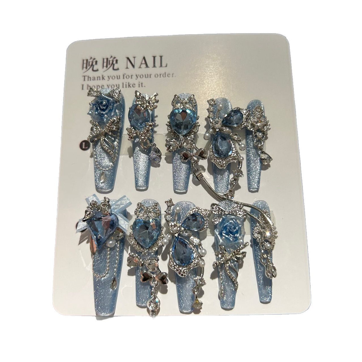 Handmade Blue Glitter Long Coffin Press On Nails with 3D Blue Roses, Large Blue Heart Crystals, Butterfly Charms, Pearls & Dangling Silver Chains