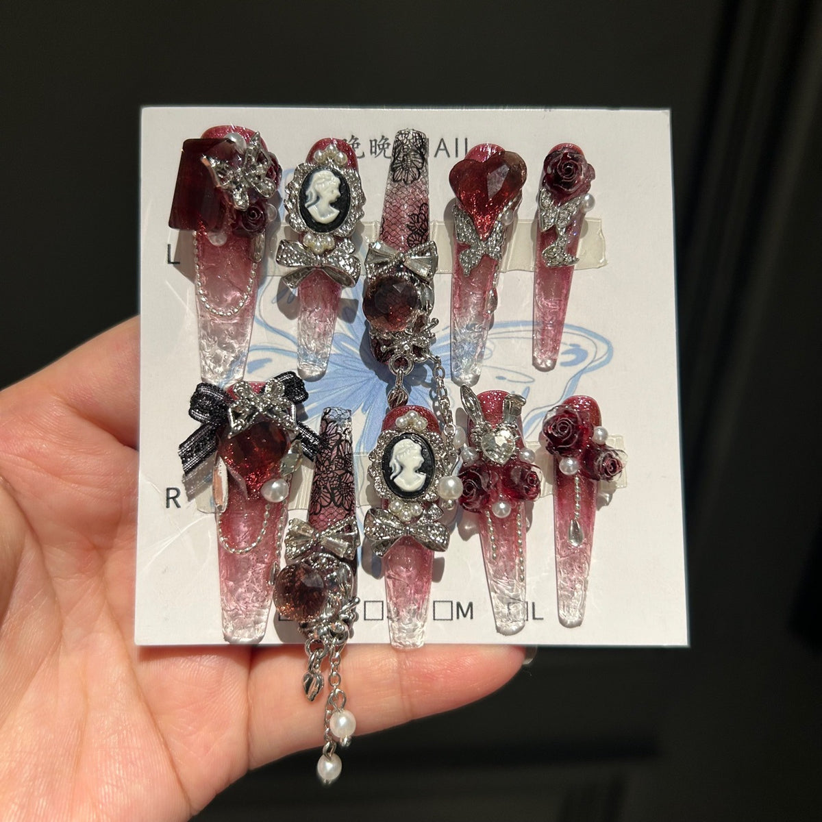 Handmade Red Gradient Clear Long Stiletto Press On Nails with Vintage Cameo Charms, 3D Red Roses, Lace Details, Red Heart Crystals & Dangling Chains