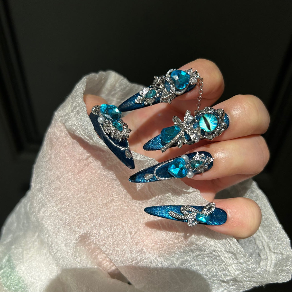 Handmade Teal Blue Cat Eye Long Stiletto Press On Nails with Evil Eye, Blue Heart Crystals & Rhinestone Bow Charms