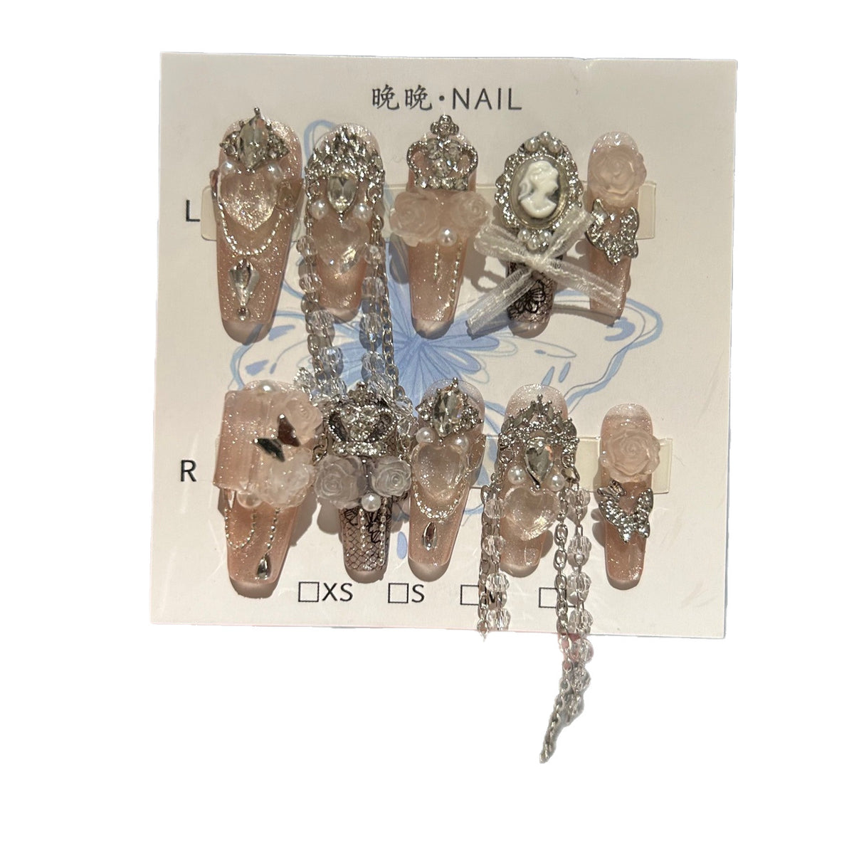 Handmade Milky Pink Shimmer Long Stiletto Press On Nails with Vintage Cameo, 3D Roses, Giant Heart Crystals & Long Crystal Chains