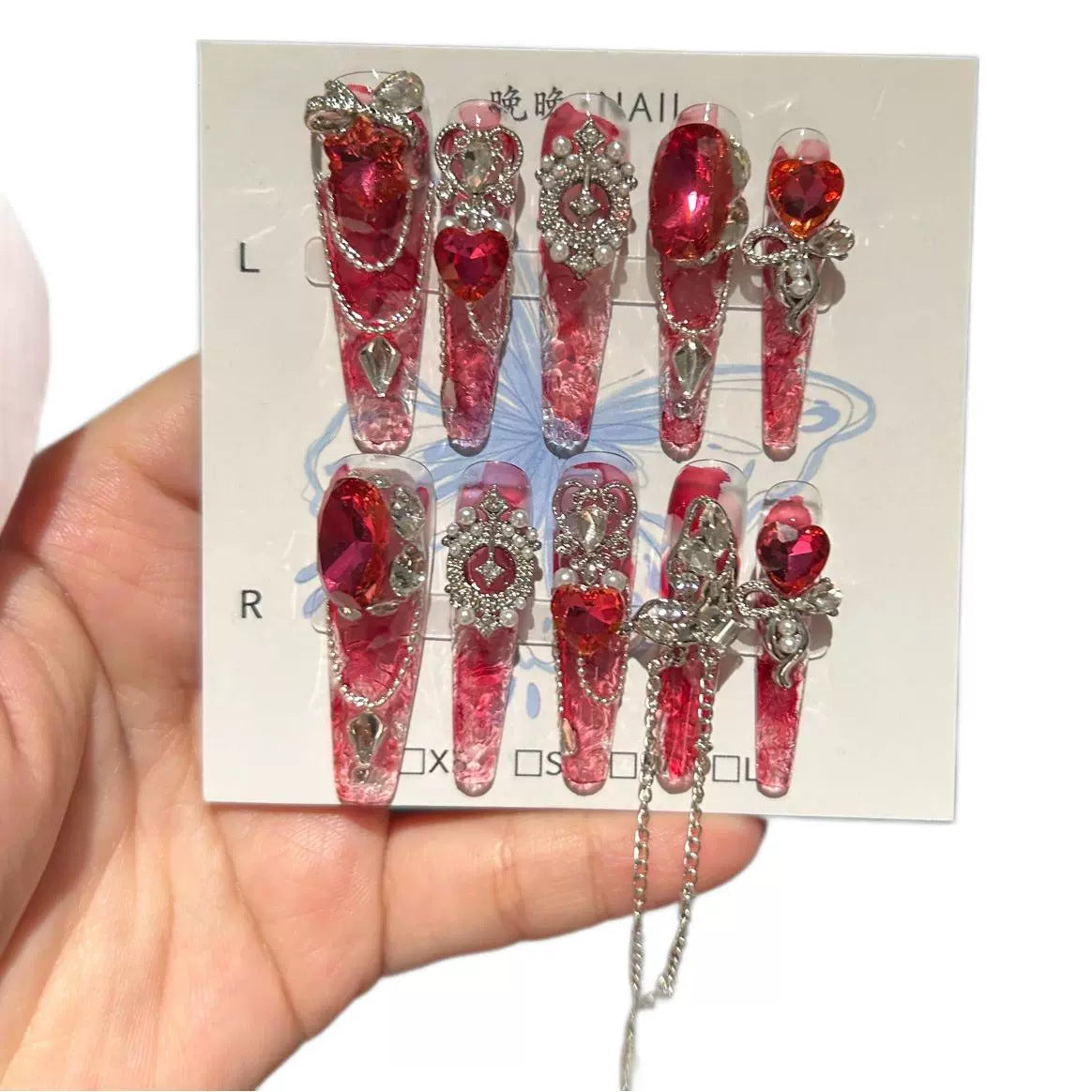 Handmade Red Crystal Long Stiletto Press On Nails, Red Heart Gem False Nails with Silver Ornaments, Pearls & Dangling Chains