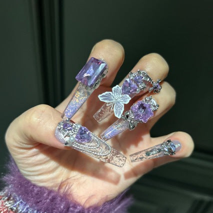 Handmade Clear Glitter Lavender Gradient Long Coffin Press On Nails with Purple Crystal & 3D Butterfly Charms