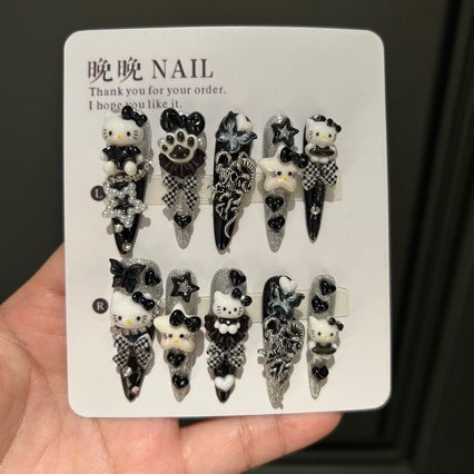 Handmade Gothic Hello Kitty Press On Nails, Long Stiletto 3D Charm False Nails, Black Silver Glitter Y2K Plaid Bow Reusable Nail for Party Cosplay
