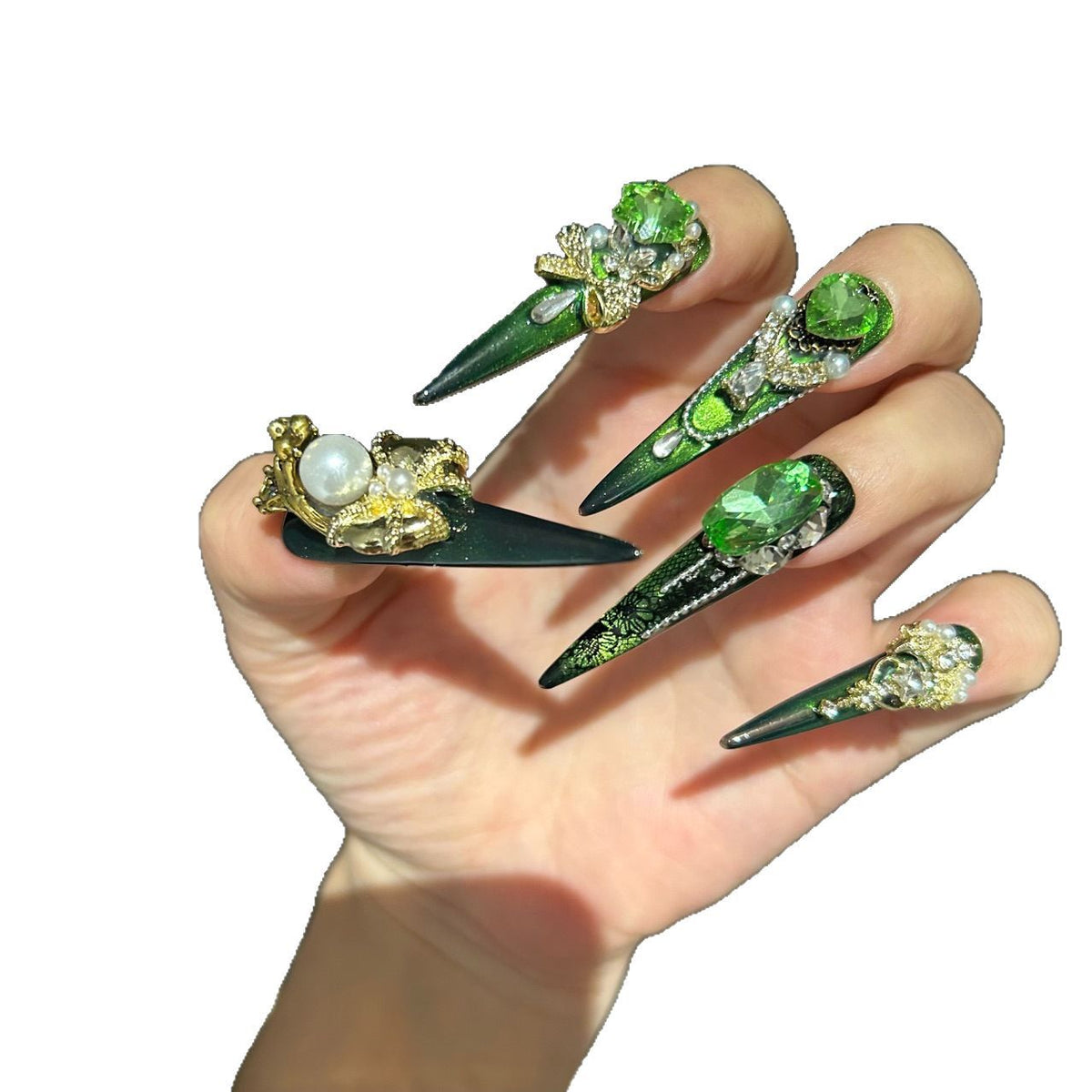 Handmade Green Cat Eye Long Stiletto Press On Nails with Lion King Charms, Green Heart Crystals & Gold Pearl Ornaments