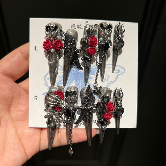 Handmade Silver Glitter Press On Nails, Long Stiletto Gothic Vampire False Nails with 3D Red Roses, Skeleton Hand, Cross & Skull Charms, Black Lace, Pearls, Black Gems & Dangling Metal Chains, Reusable Fake Nails for Cosplay, Halloween & Party