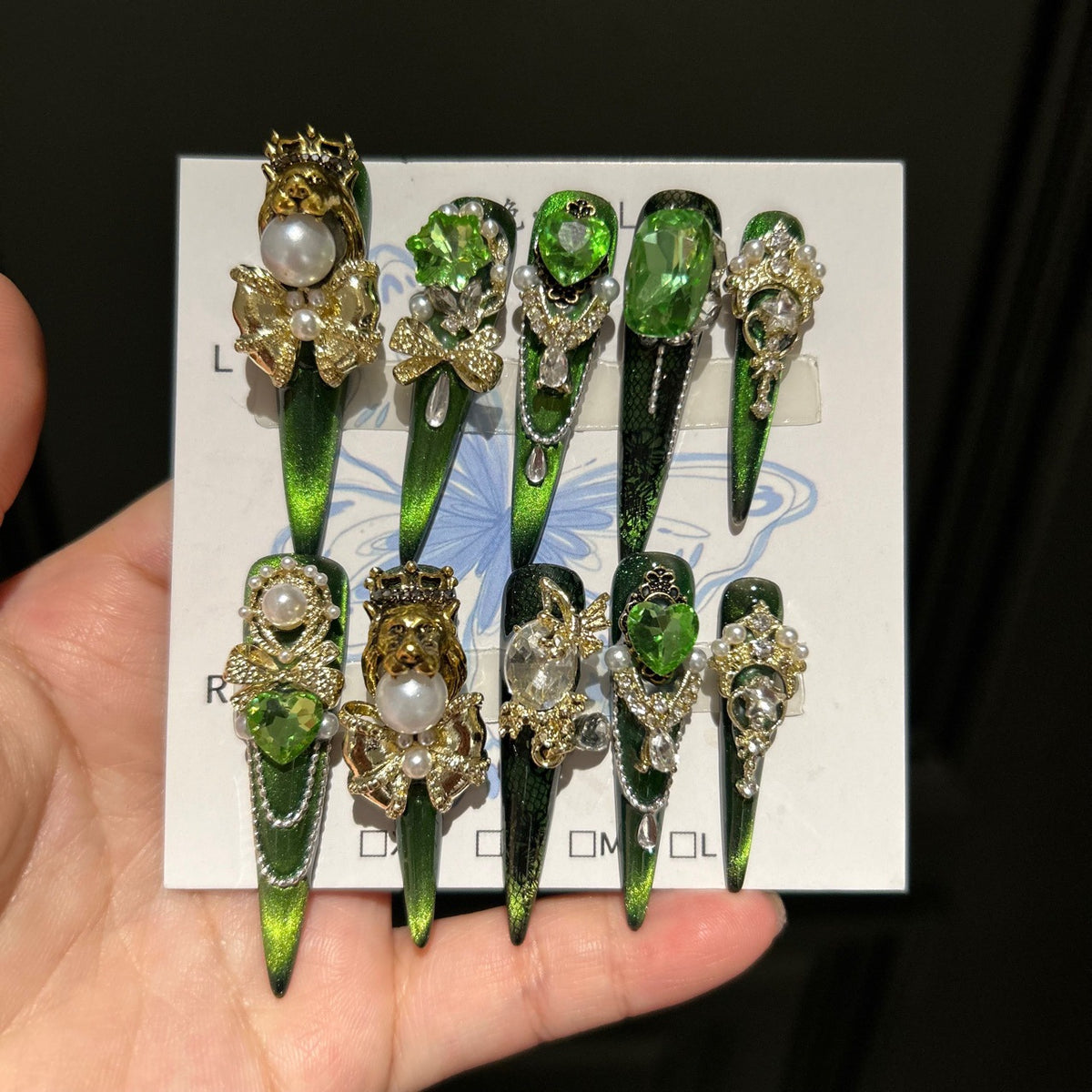 Handmade Green Cat Eye Long Stiletto Press On Nails with Lion King Charms, Green Heart Crystals & Gold Pearl Ornaments