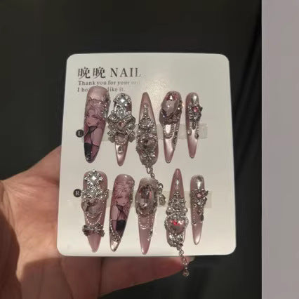 Handmade Pink Anime Portrait Long Stiletto Press On Nails, Pink Crystal False Nails with Silver Bow, Pearls & Dangling Chains