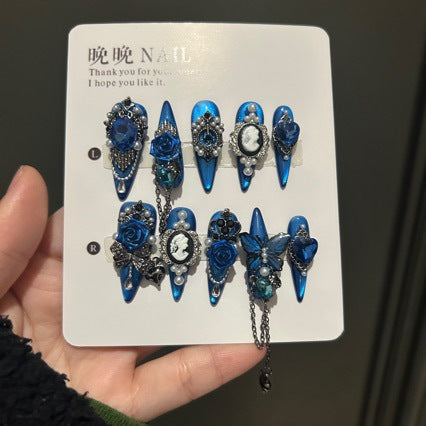 Handmade Royal Blue Gothic Press On Nails, Long Stiletto Metallic False Nails with 3D Blue Rose, Cameo Portrait, Pearls Rhinestones & Dangling Chain, Reusable Fake Nails for Party Cosplay