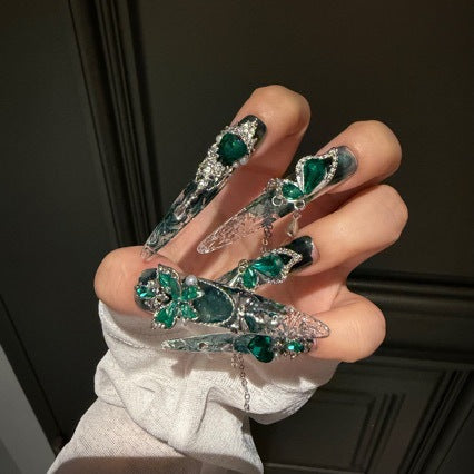 Handmade Teal Gradient Clear Long Stiletto Press On Nails with Emerald Green Butterfly & Heart Crystal Charms