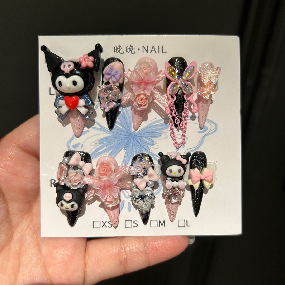 Black & Pink Stiletto Press-on Nails with 3D Kuromi, My Melody, Pink Roses, Iridescent Bow, and Chain Drop - Y2K Sanrio Kawaii Fake Nail Set