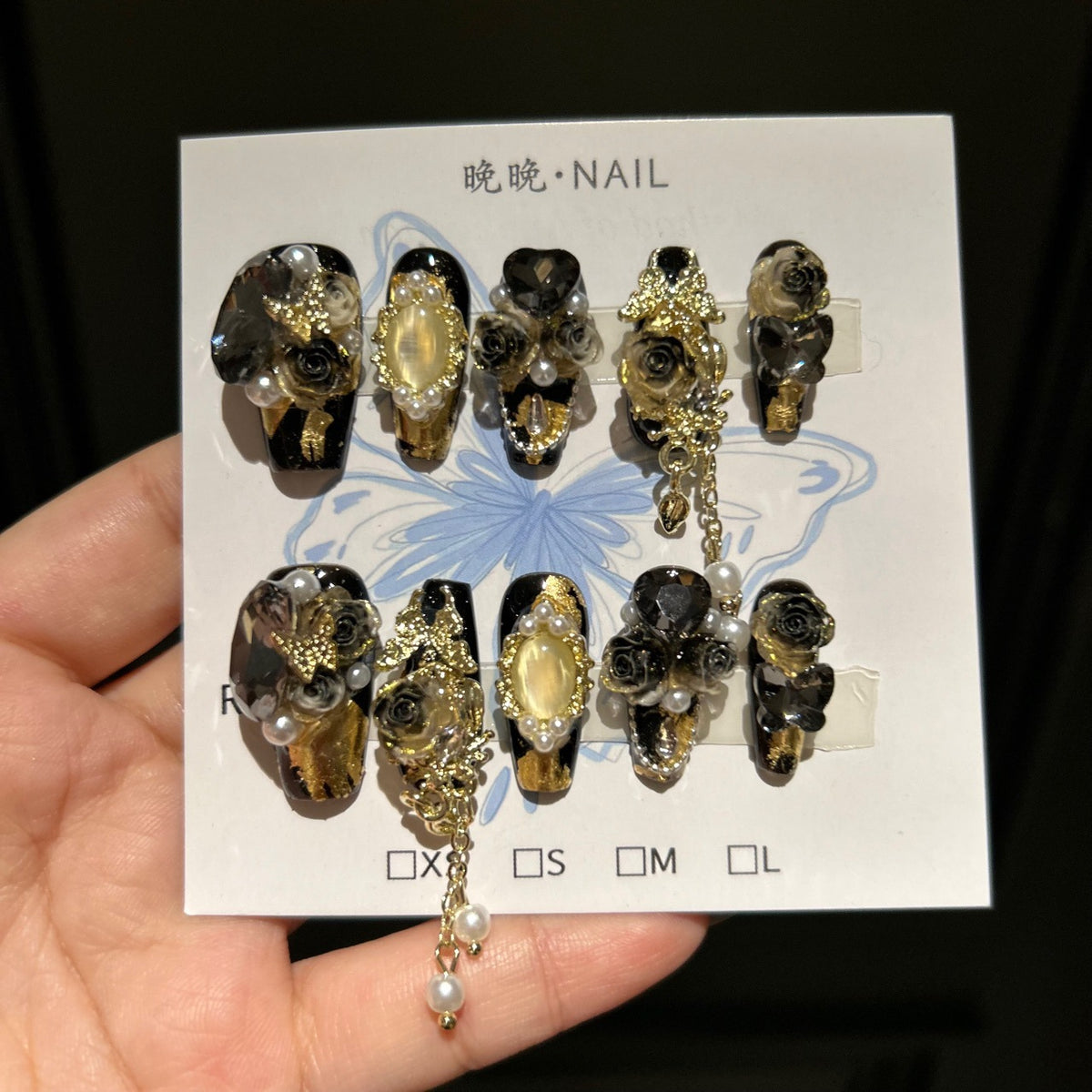 Black and Gold Gothic Coffin Press-on Nails with 3D Black Rose, Pearl Gem, and Hanging Chain Charms - Luxury Dark Glam Fake Nail Set