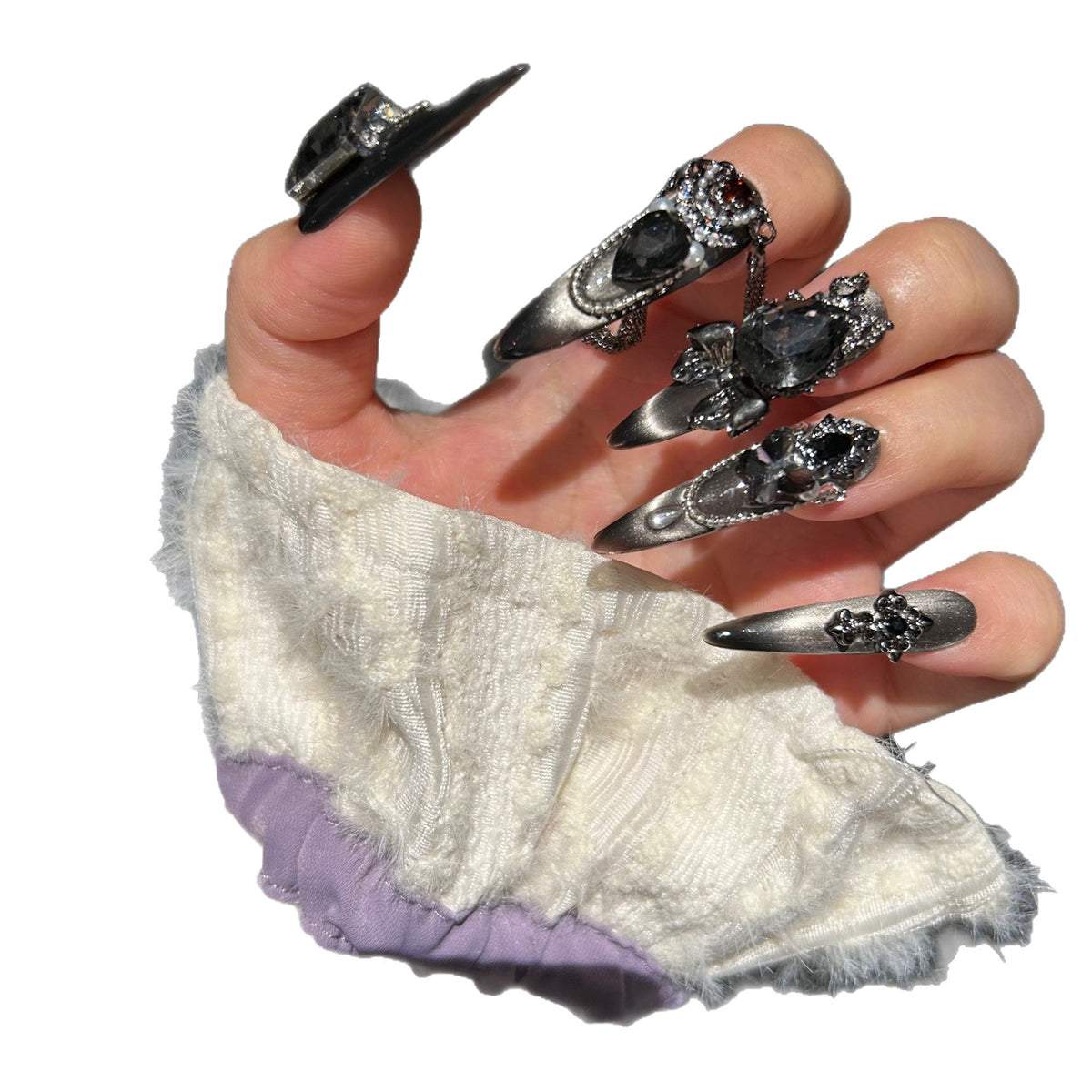 Handmade Metallic Black Angel Long Stiletto Press On Nails with Dark Crystals & Multi Chains