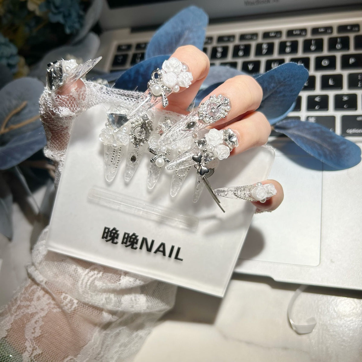 Handmade Clear Glitter White Rose Long Stiletto Press On Nails with Pearls & Silver Rhinestone Charms