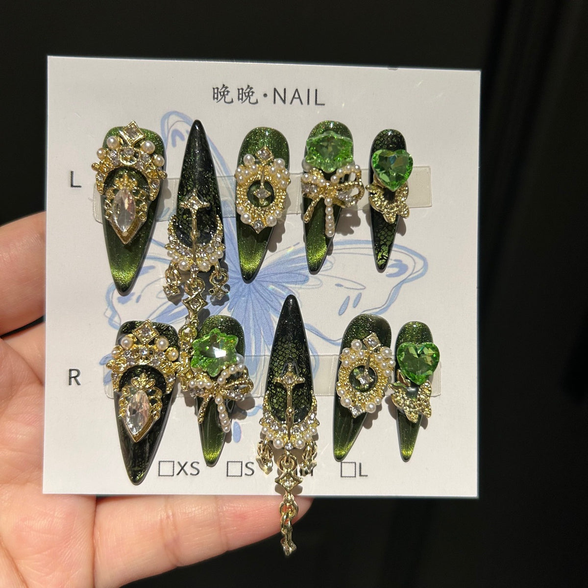 Handmade Emerald Green Cat Eye Long Stiletto Press On Nails with Giant Green Heart & Star Crystals, Gold Filigree & Pearl Ornaments