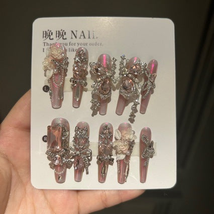 Handmade Pink Aurora Iridescent Press On Nails, Long Stiletto Fairy Princess False Nails with Large Pink Teardrop Rhinestones, 3D Silver Butterfly Charms, Cream Roses, Pearls & Silver Crystal Chains, Reusable Fake Nails for Wedding, Prom & Party