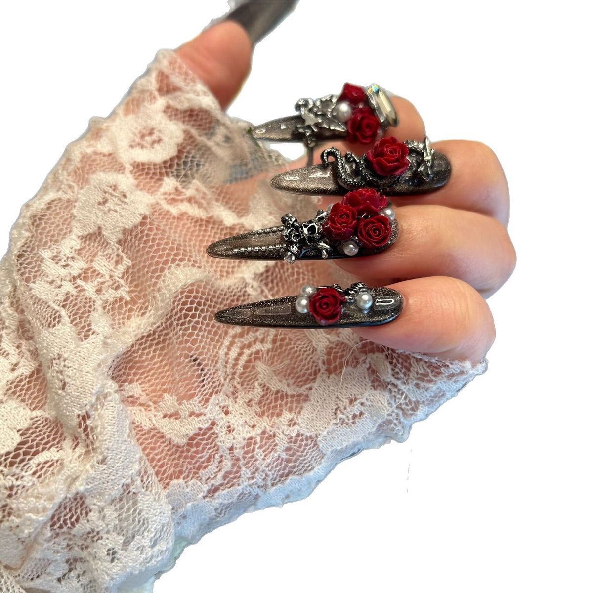 Handmade Metallic Black Long Stiletto Press On Nails with 3D Red Roses, Snake & Pearl Charms