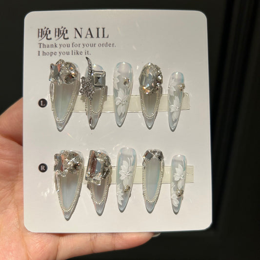 Holographic White Cat Eye Stiletto Press-on Nails with 3D Sculpted Floral, Crystal Jewels, and Pearl Beaded Chain - Luxury Fairy Fake Nail Set