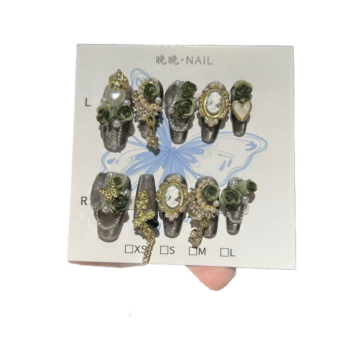 Handmade Vintage Dark Grey Glitter Long Coffin Press On Nails with 3D Olive Green Roses, Cameo Portrait Charms, Gold Metal Ornaments, Pearls & Dangling Tassels