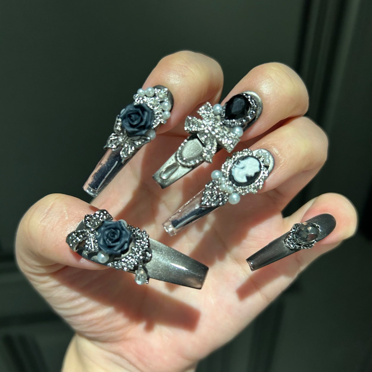 Handmade Gunmetal Metallic Long Coffin Press On Nails with Black Roses, Vintage Cameo & Rhinestone Bow Charms