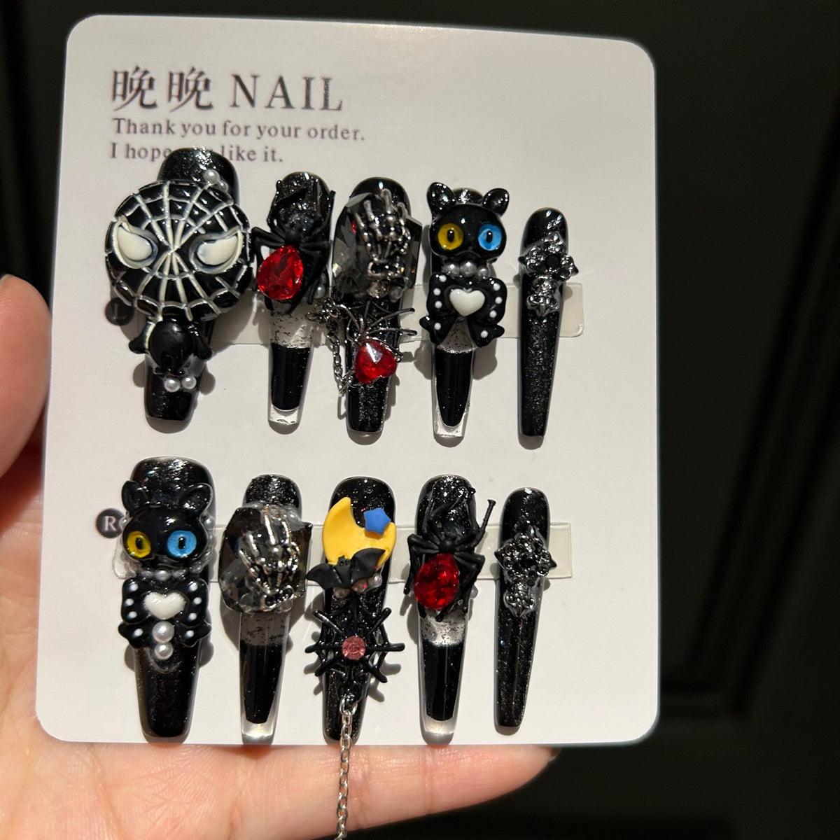 Handmade Black Glitter Long Coffin Press On Nails with 3D Black Cat, Spider, Bat, Skeleton Hand Charms, Red Crystals & Chain Tassels
