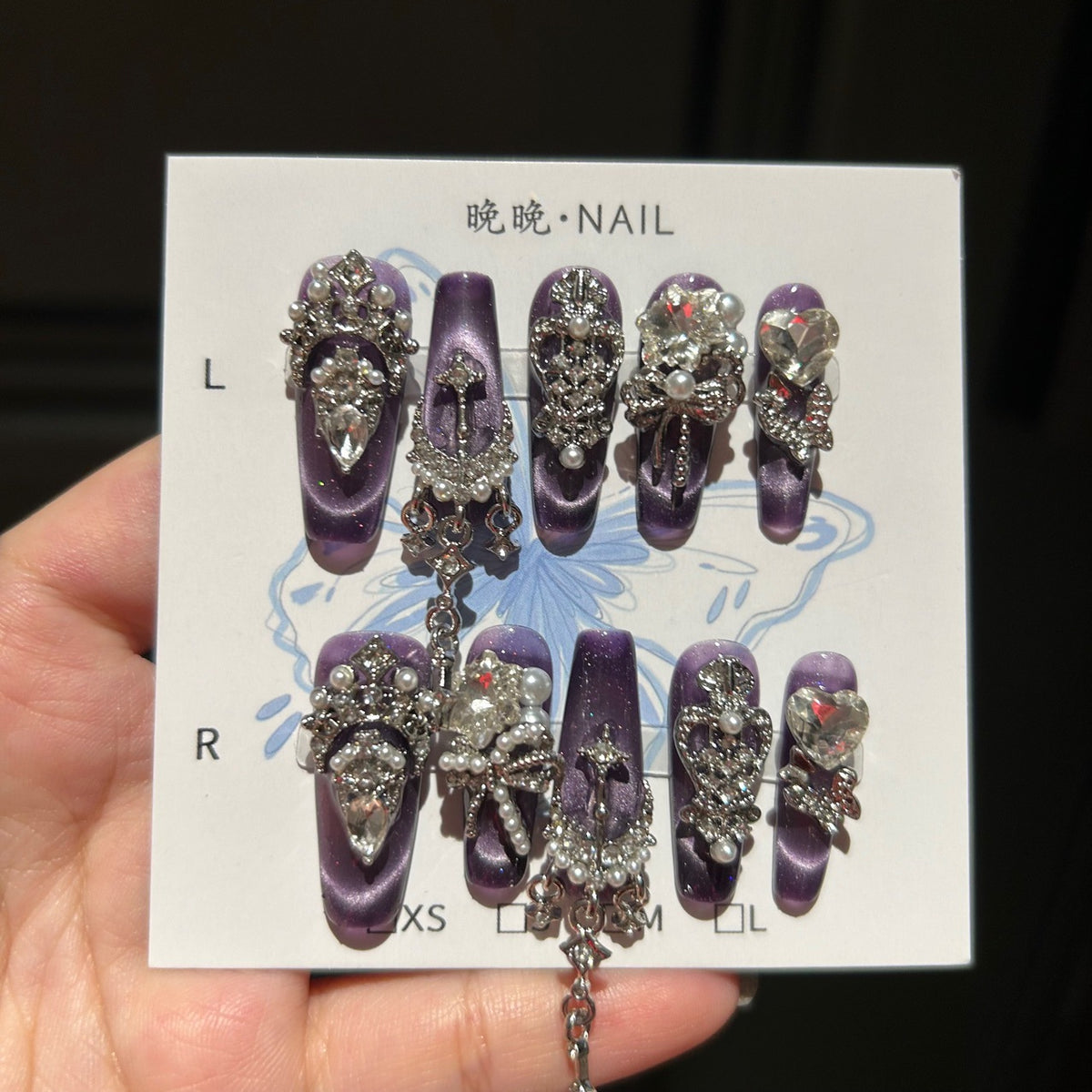Handmade Purple Cat Eye Long Coffin Press On Nails with Silver Rhinestone Crown, Bow & Heart Crystal Charms, Pearls & Dangling Chains