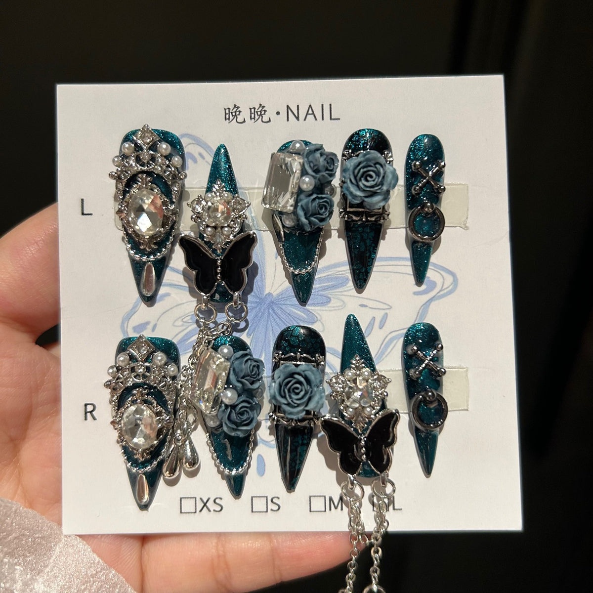 Handmade Teal Glitter Long Stiletto Press On Nails with Dusty Blue 3D Roses, Black Butterfly & Crystal Tassel Charms