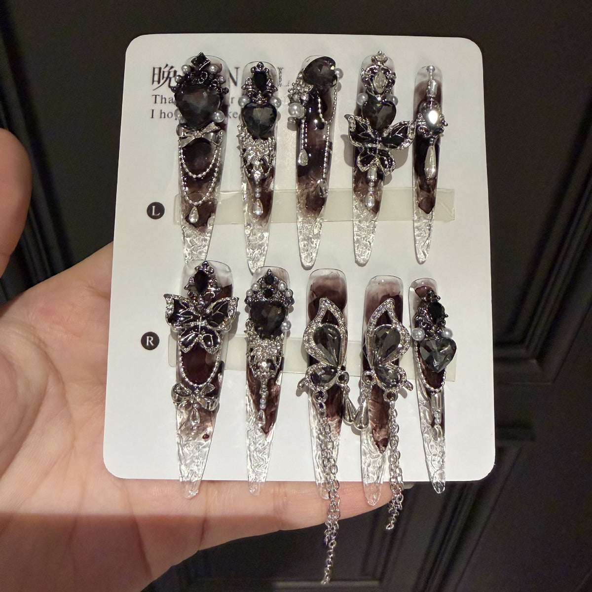Handmade Dark Brown Smoky Long Stiletto Press On Nails, Gothic Black Butterfly False Nails with Heart Gems, Pearls & Dangling Chains