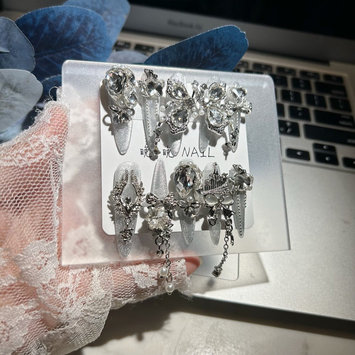 Handmade Silver Cat Eye Long Stiletto Press On Nails with Giant AB Crystals, Castle & Butterfly Charms, Pearls & Dangling Chains