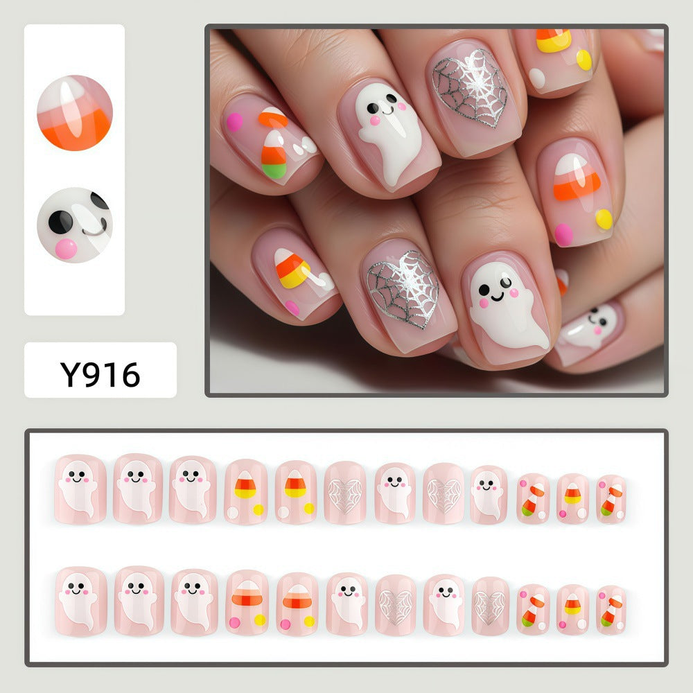 New Halloween fake nail patch soft cute ghost pumpkin lamp bat skull manicure wear armor