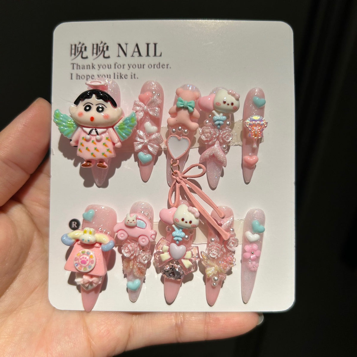 Handmade Kawaii Pink Glitter Long Stiletto Press On Nails with 3D Angel Crayon Shin-chan, Bear & Bunny Cartoon Charms