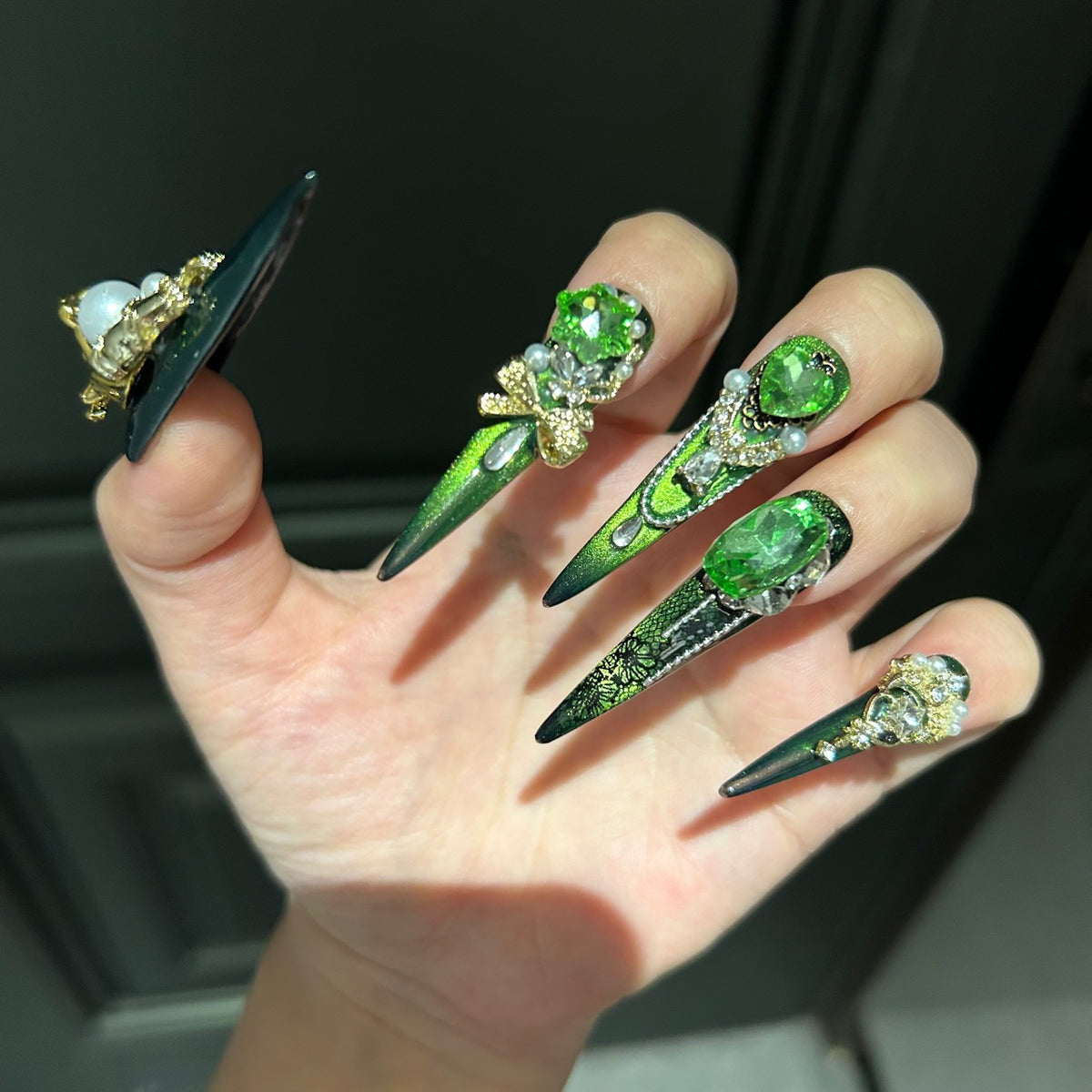 Handmade Green Cat Eye Long Stiletto Press On Nails with Lion King Charms, Green Heart Crystals & Gold Pearl Ornaments