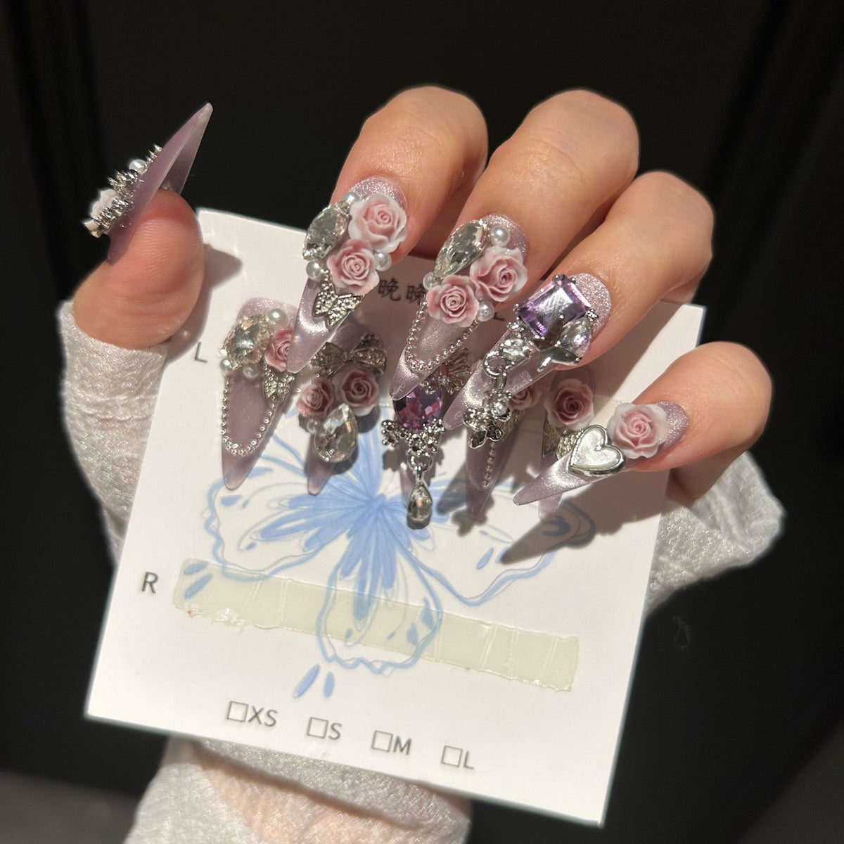 Dusty Pink & Purple Cat Eye Stiletto Press-on Nails with 3D Sculpted Rose, Crystal Gem, and Beaded Chain Charms - Luxury Glam Fake Nail Set