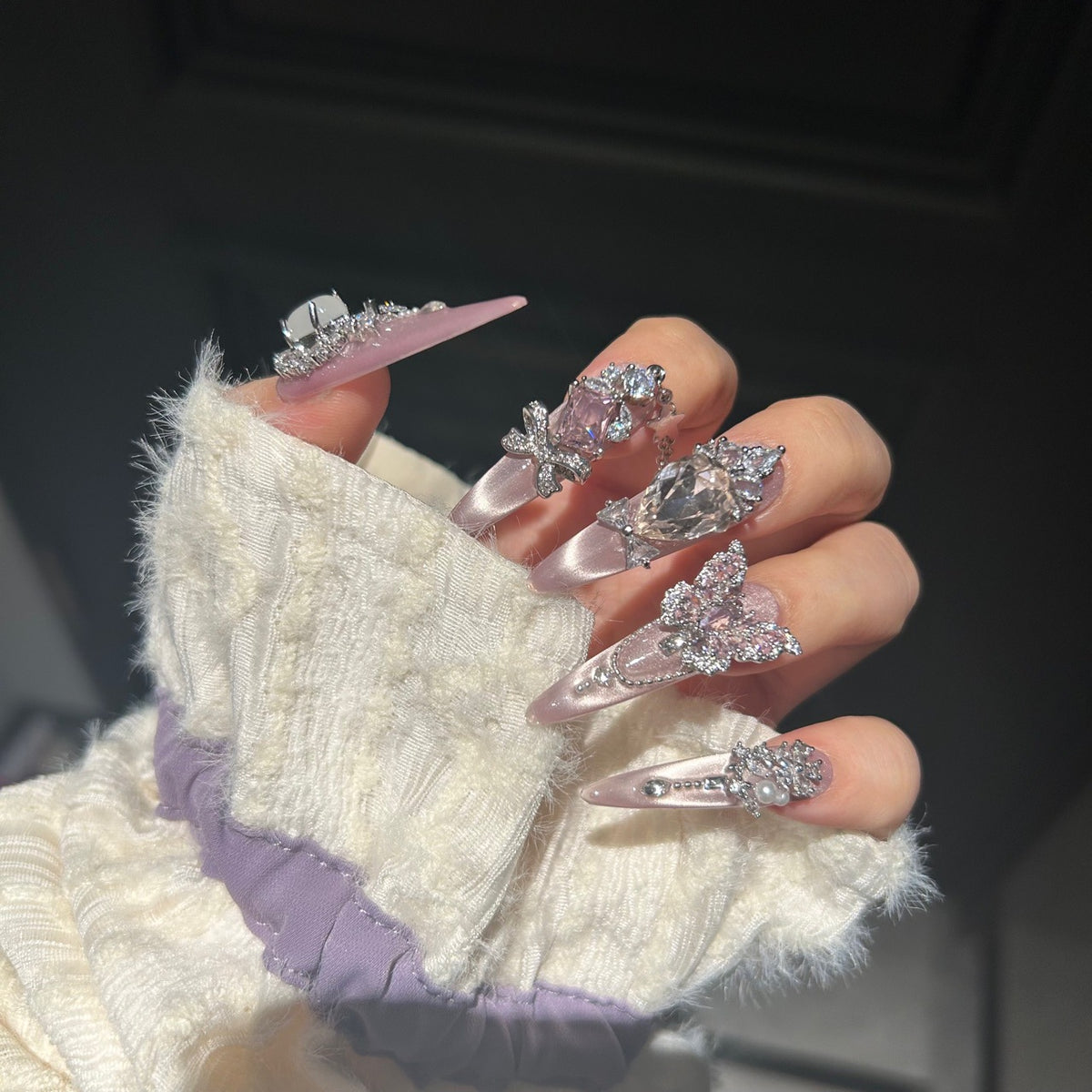 Handmade Nude Pink Chrome Long Stiletto Press On Nails with Pink Rhinestone Butterflies, Multi-Size Crystals, Pearl Accents & Silver Chain Tassels