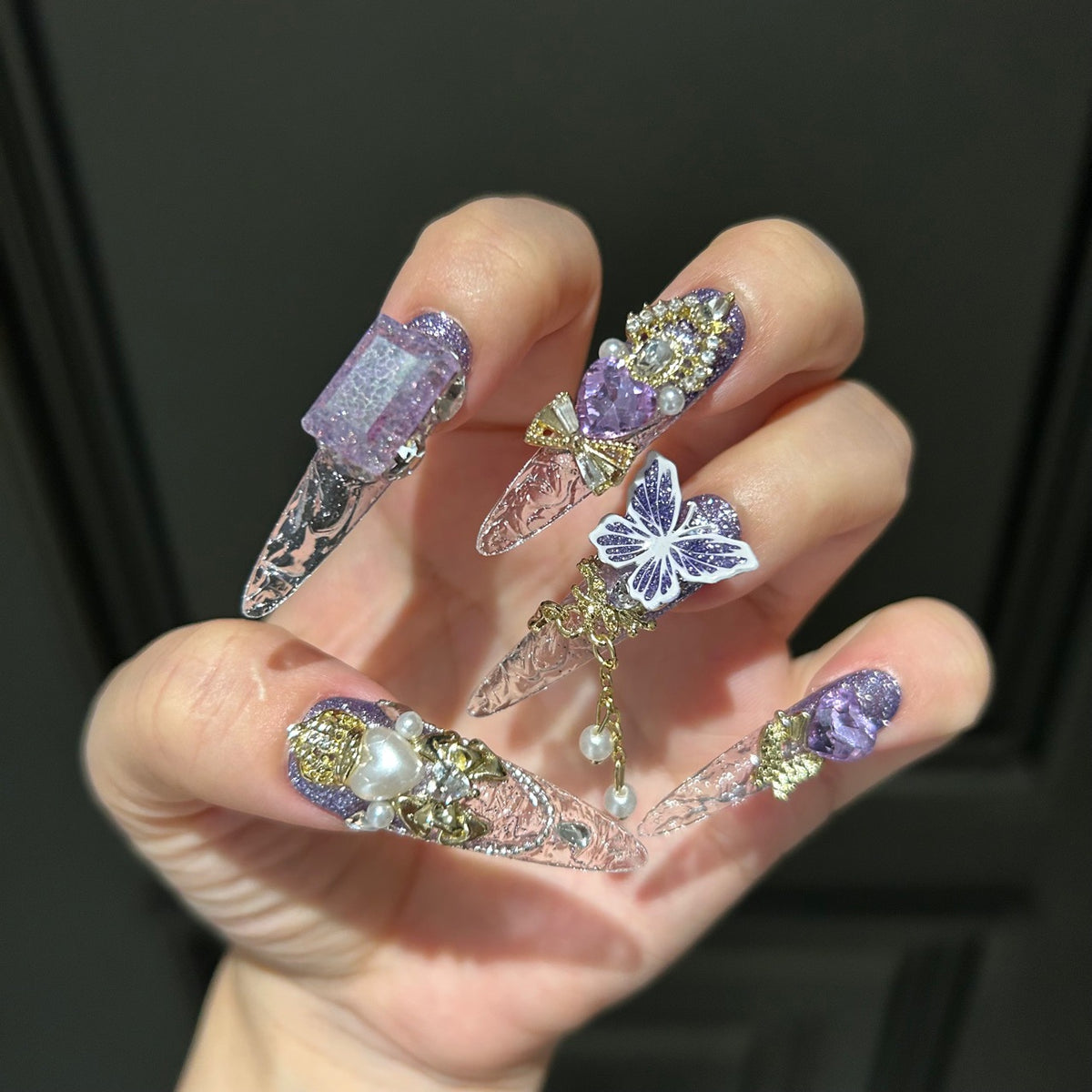 Handmade 3D Butterfly Press On Nails | Luxury Purple Cat Eye & Shimmer Reusable Fake Nails, Heavy Industry Rhinestone Nail Art for Women
