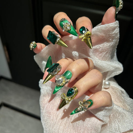 Handmade Emerald Green Metallic Long Stiletto Press On Nails with Giant Emerald Crystals, Gold Bow & Rhinestone Ornaments