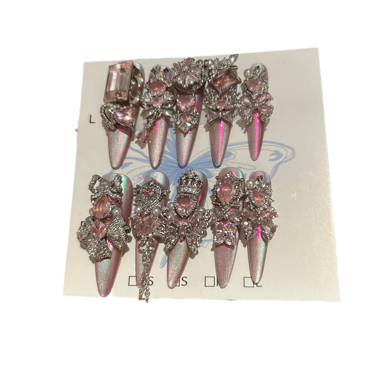 Holographic Pink Cat Eye Stiletto Press-on Nails with 3D Pink Crystal Gems, Bowknot, and Hanging Chain Charms - Luxury Fairy Fake Nail Set