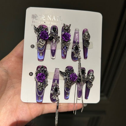 Dark Purple Cat Eye Coffin Press-on Nails with 3D Purple Rose, Angel, Skull Charms, and Good Luck Tag - Gothic Glam Fake Nail Set