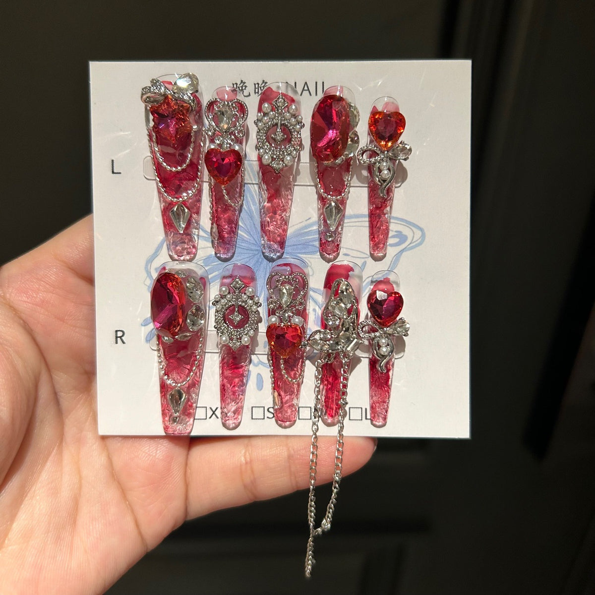 Handmade Red Crystal Long Stiletto Press On Nails, Red Heart Gem False Nails with Silver Ornaments, Pearls & Dangling Chains
