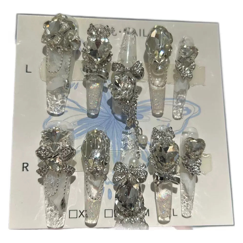 Handmade Clear Glitter Long Coffin Press On Nails with Huge Silver Crystal & Rhinestone Bow Charms