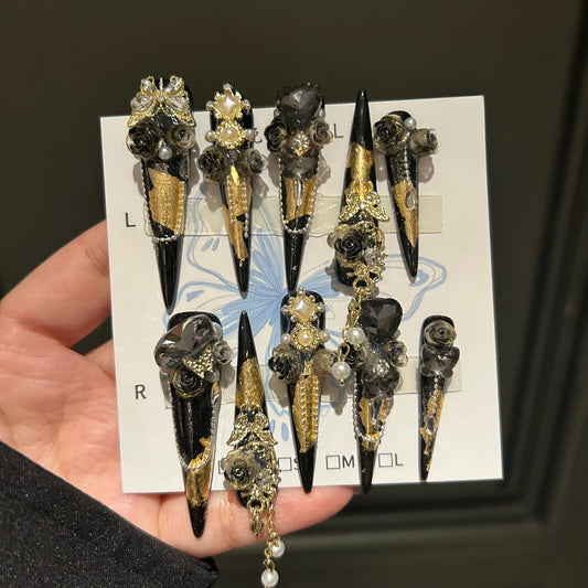 Handmade Black Gold Foil Press On Nails, Long Stiletto Royal Gothic False Nails with 3D Black Roses, Pearls, Large Rhinestones & Dangling Gold Chain, Reusable Fake Nails for Party Cosplay
