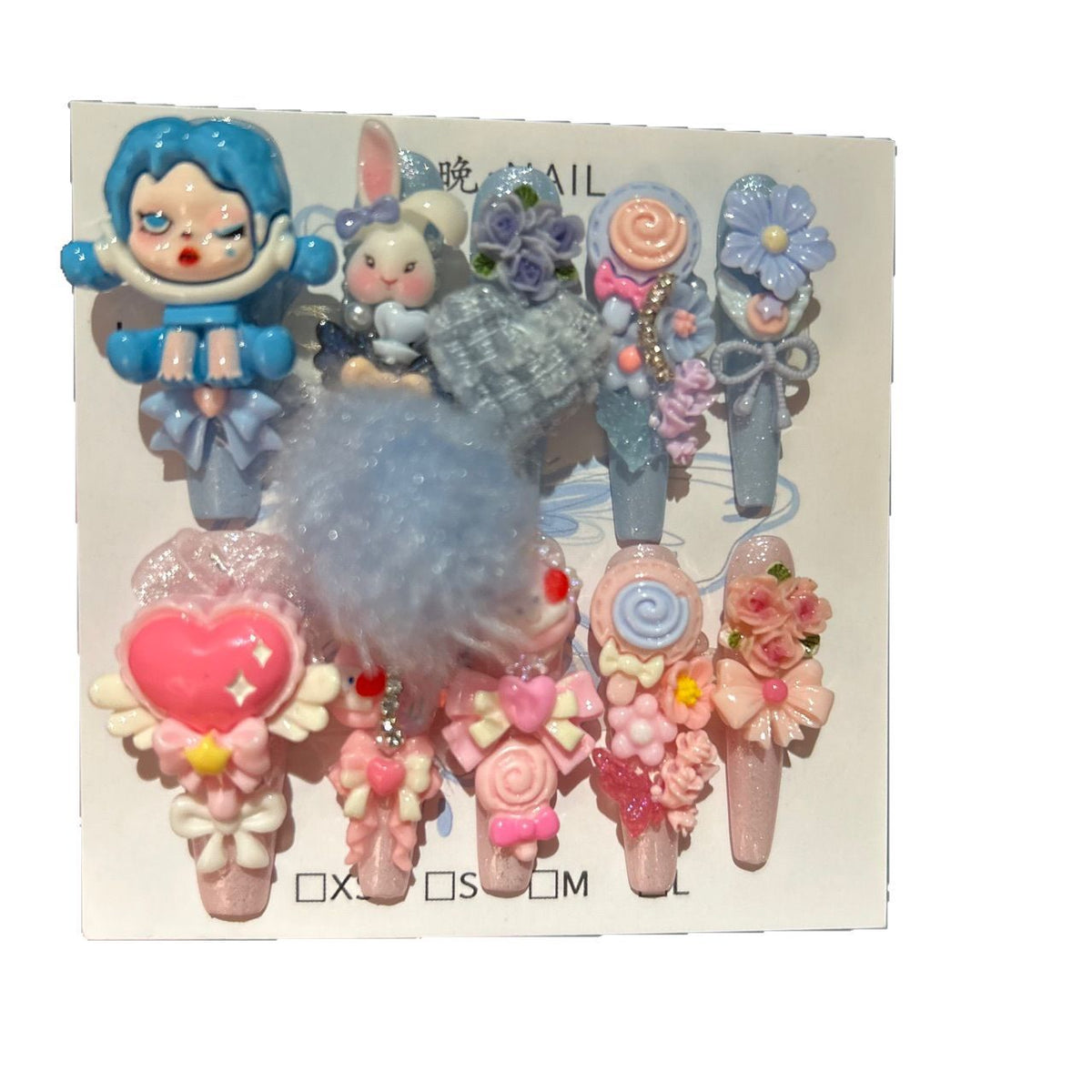 Y2K Blue and Pink Coffin Press-on Nails with 3D Anime Doll, Fluffy Pom-Pom, Lollipop, and Cute Cartoon Charms - Sweet & Cool Fake Nail Set