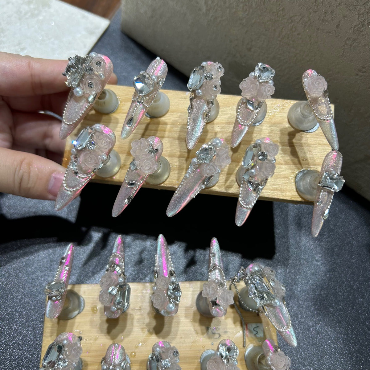 Handcrafted Designer Nude Pink Press-on Nails - Shimmering Cat Eye Base with Heavy 3D Rose Flowers, Crystals and Pearl Drops
