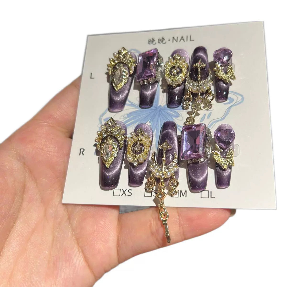 Handmade Purple Cat Eye Long Coffin Press On Nails with Amethyst Purple Crystals, Gold Moon Star Charms & Pearl Clusters
